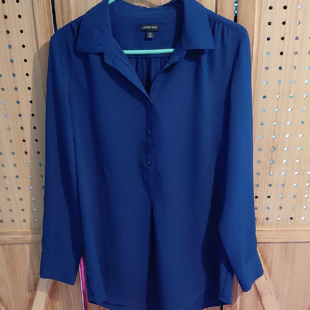 Lands’ End Royal Blue Long Sleeve Blouse Size 14 Workwear Top